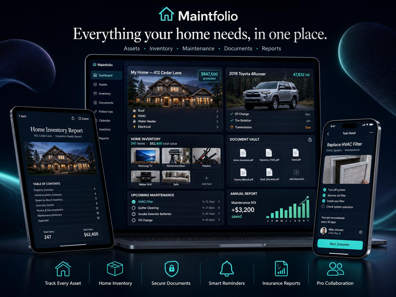 MaintFolio homeowner dashboard showing a property with expanded sub-assets, maintenance timeline, and calendar