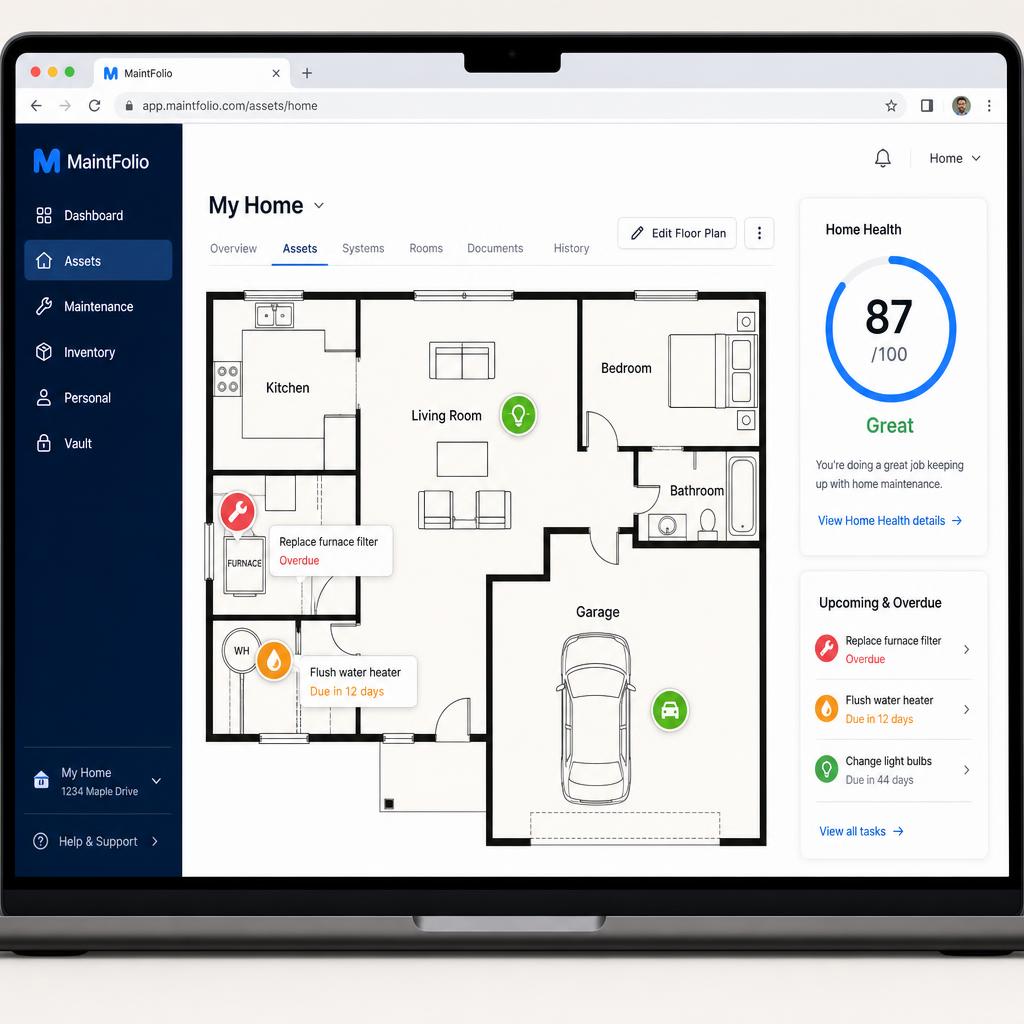 MaintFolio floor plan with color-coded maintenance pins for HVAC, appliances, plumbing, and electrical