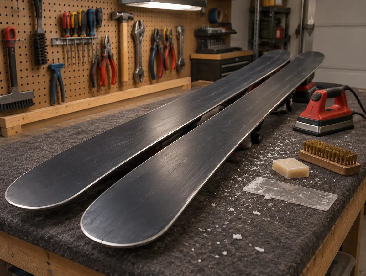 Pair of skis on a garage workbench beside a waxing iron